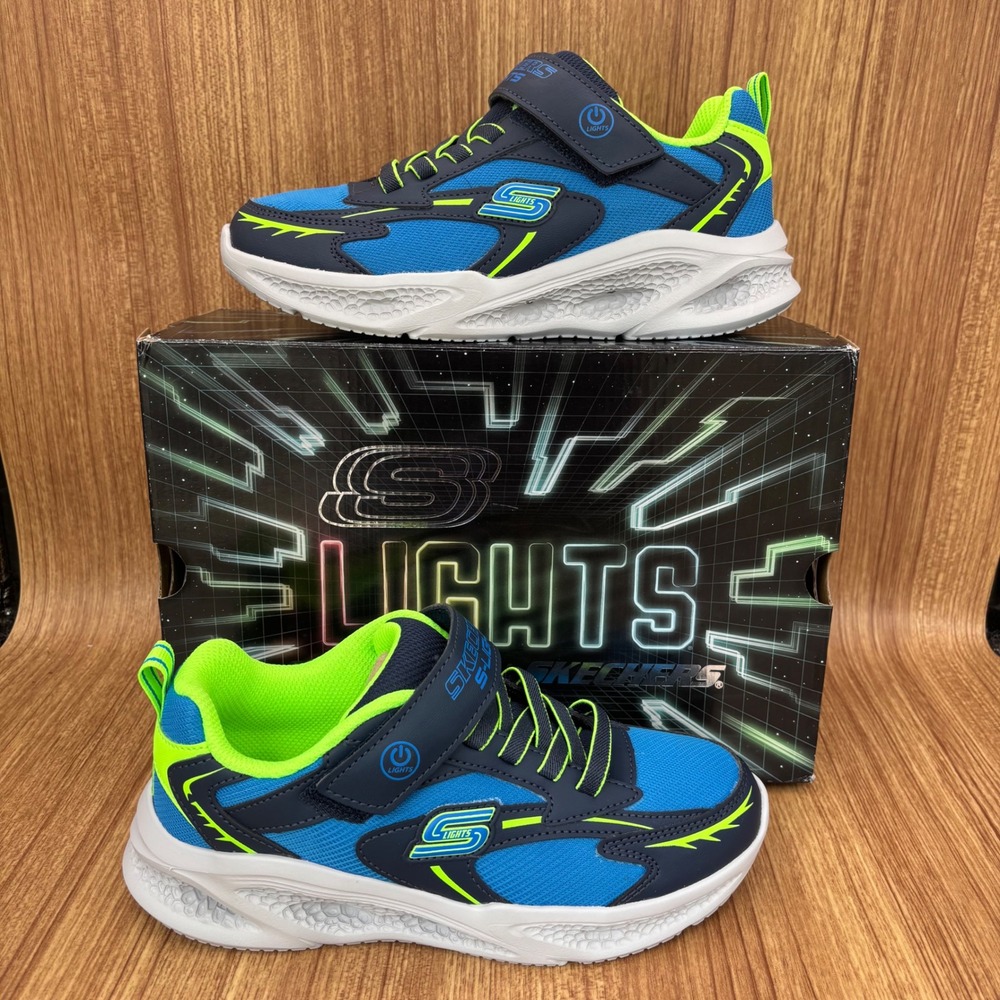 Skechers S-Lights Glow-Strider Kids‎ Size 3 Navy Lime Light-Up Sneakers NEW